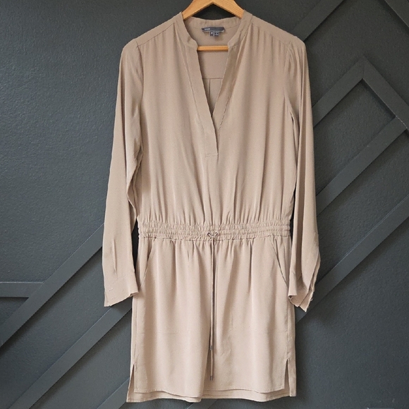 NWOT {Vince} 100% Silk Mink Nude Drawstring Waist Long Sleeve Shirtdress - Picture 3 of 13